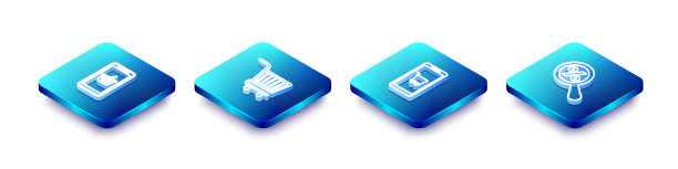 设置等距线手机和购物篮，购物车，放大镜与百分比图标。向量图片下载