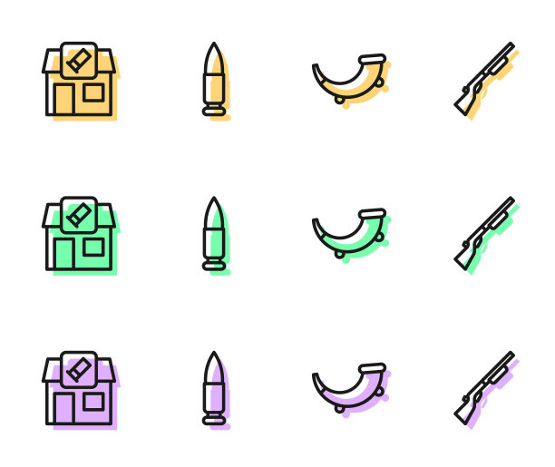 设置线狩猎号角，商店，子弹和枪的图标。向量图片下载
