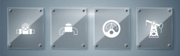 设置油泵或泵千斤顶，马达气表，金属管道和阀门。方形玻璃板。向量图片下载