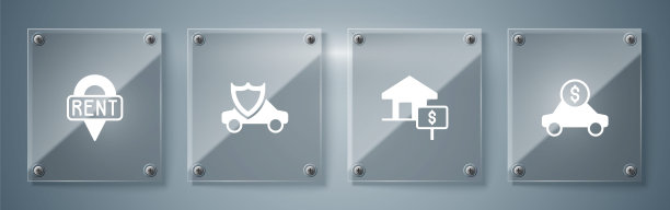 设置汽车租赁，房子与美元，盾牌和位置钥匙。方形玻璃板。向量图片下载