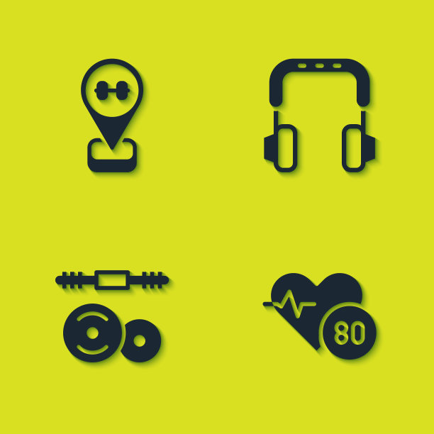 设置位置健身房，心率，杠铃和耳机图标。向量图片下载