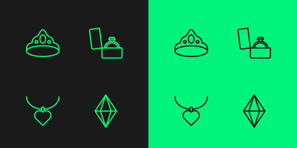 集线宝石石，项链心形，国王王冠和钻石订婚戒指盒图标。向量图片下载