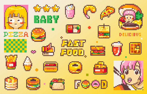 像素艺术快餐贴纸集。8位的复古视频游戏元素，如披萨，汉堡，薯条，冰淇淋，早餐美味的一餐，三明治，饮料，矢量图形的图标，贴纸，表情符号，头像。图片下载