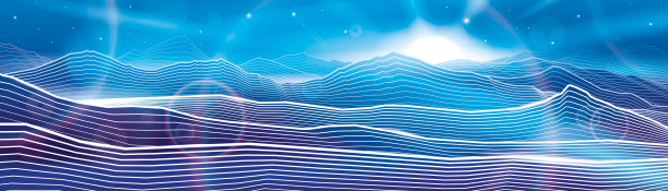 晚上的风景。霓虹灯照明插图。神奇的月光。美丽的雪山。白色勾勒出小山的轮廓。矢量设计艺术图片下载