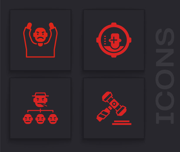 法官锤、小偷举手投降、头像和黑手党图标图案矢量素材图片下载