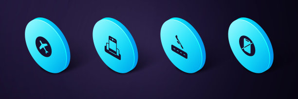 设置等距无手机，飞机降落，金属探测器机场和图标。向量图片下载