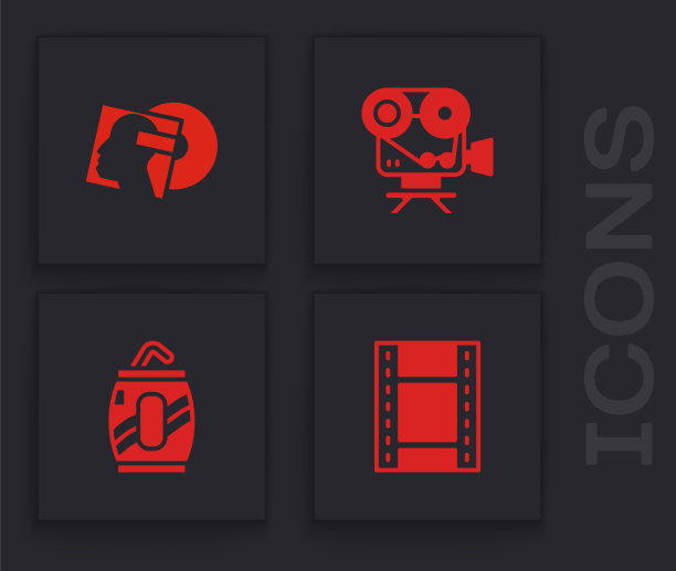 集播放视频，乙烯基磁盘，复古电影相机和汽水罐吸管图标。向量图片下载