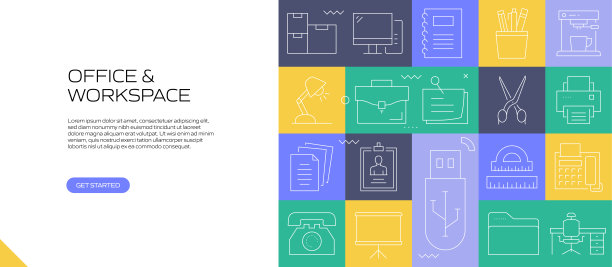 办公室和工作空间网络横幅与线性图标，新潮的线性风格矢量图片下载
