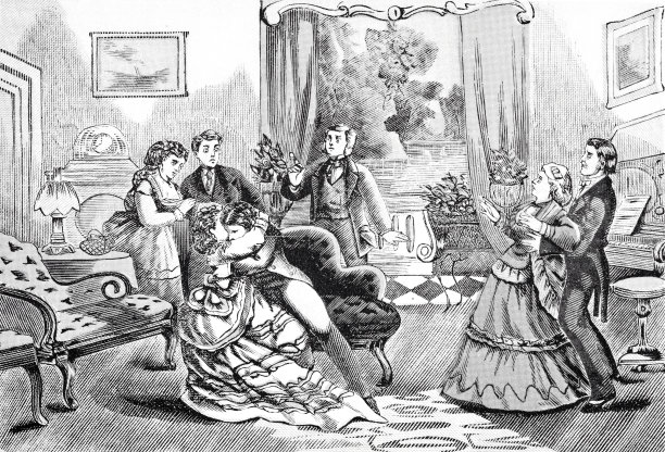 一对夫妻在沙发上拥抱，另外5个人看着他们图片下载