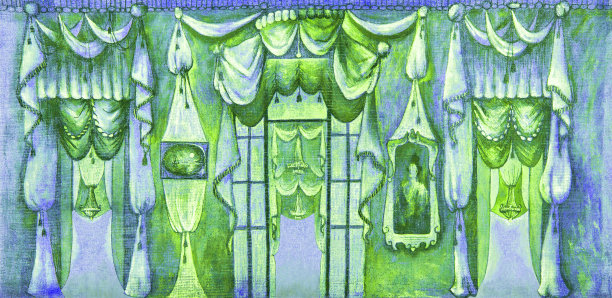插图油画水平历史室内与吊灯窗户门镜子画在绿色的墙壁上蓝色的傍晚背景图片下载