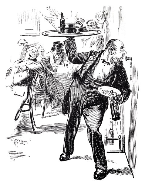 服务员在厨房用对讲机点餐时，两手都拿得满满的，头上还顶着托盘图片下载