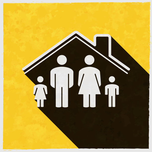 家人呆在家里。图标与长阴影的纹理黄色背景图片下载