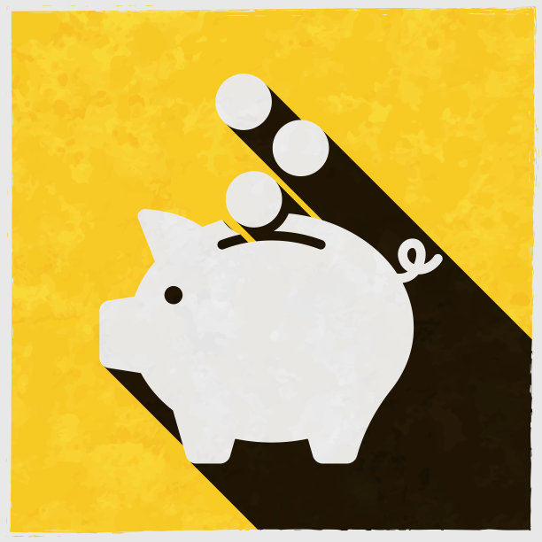 存钱罐和硬币。图标与长阴影的纹理黄色背景图片下载