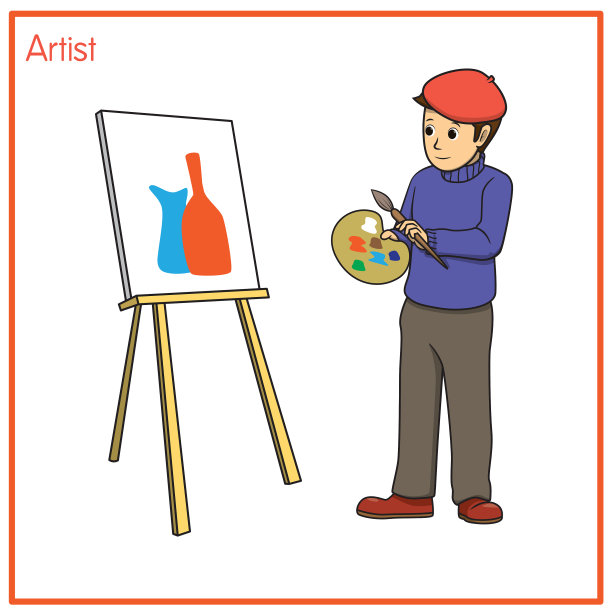 矢量插图艺术家孤立在白色背景。工作和职业概念。卡通人物。教育和学校的孩子涂色页，打印，活动，工作表，抽认卡。图片下载