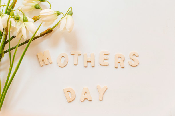 白色的背景上，春天的花朵和木制的铭文“母亲节快乐”图片下载