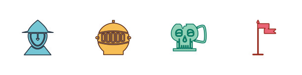 设置中世纪铁头盔，杯子从头骨和旗帜图标。向量图片下载