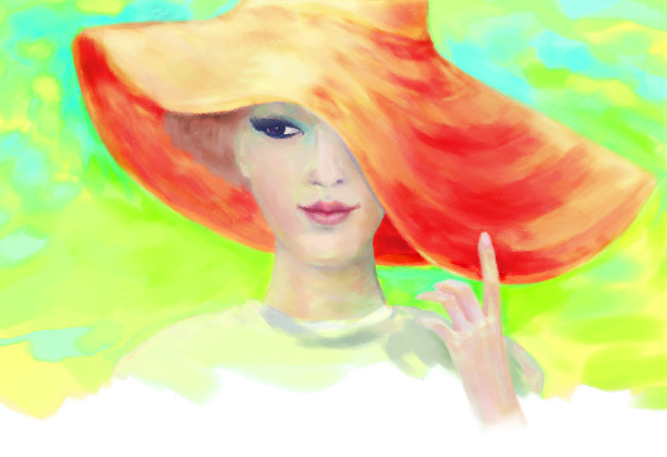 风景如画的插图，一个年轻女子在一个迷人的风格宽檐帽图片下载