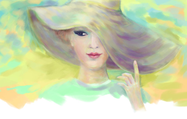 风景如画的插图，一个年轻女子在一个迷人的风格宽檐帽图片下载
