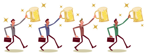 为成功的商业合作欢呼，微笑的商人（多元种族群体）举着大啤酒杯，举起啤酒杯庆祝祝酒，阔步前进图片下载