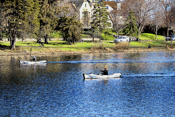 公园湖上的皮划艇爱好者图片下载