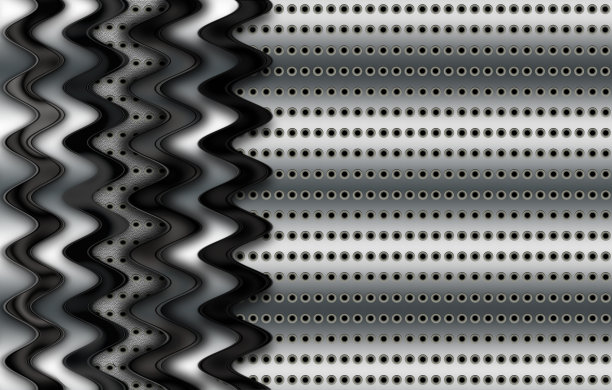 抽象光亮的灰色金属板，圆形网格和装饰性曲线线条。图片下载