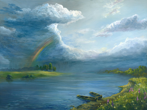 彩虹在河上，油画图片下载