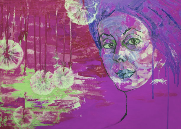 插图油画肖像的年轻女子与长红头发的背景下的蒲公英的空地图片下载