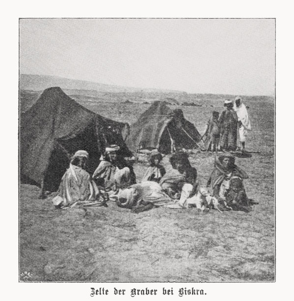 阿尔及利亚比斯克拉附近的阿拉伯贝都因人。半色调印刷，出版于1899年图片下载