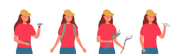 赛斯和卡通美女露营。女生拿着手电筒，拿着毛笔，拿着一瓶水，拿着背包进行旅游概念设计。平面向量。图片下载