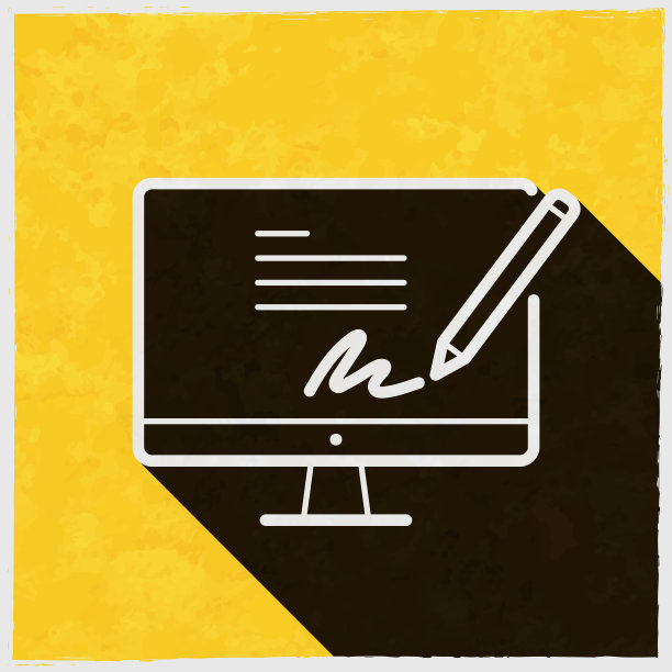 台式计算机上的电子签名。图标与长阴影的纹理黄色背景图片下载