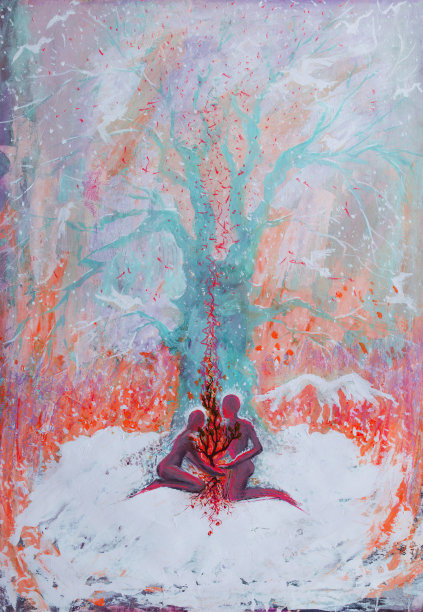 时尚的插画寓言情人节的艺术作品印象派象征油画垂直的冬季风景激情人物的两个情人对着天空在早晨的阳光下飘落的雪花图片下载
