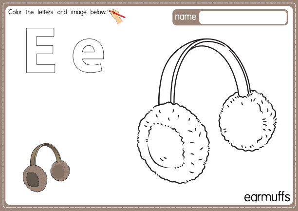矢量插图的儿童字母着色书页与概述剪贴画，以颜色。字母E代表耳套。图片下载
