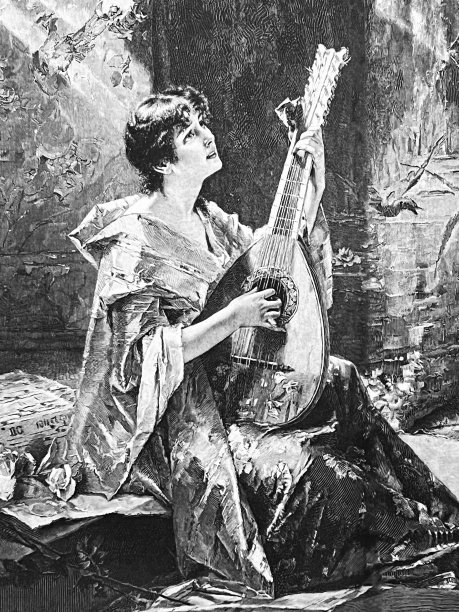 年轻的坐着的女人穿着长裙弹奏曼陀林图片下载