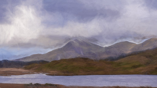 Moel Hebog山的数字绘画。来自英国北威尔士斯诺登尼亚国家公园的Llyn Dywarchen图片下载