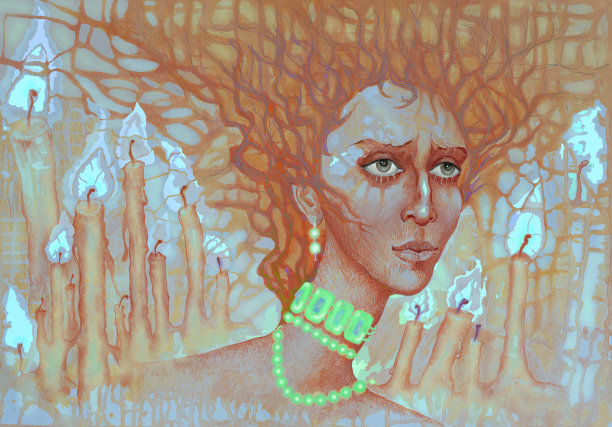 插画艺术油画肖像悲剧的女人在黄金首饰项链和耳环在一个装饰的背景蜡烛在深浅褐色图片下载