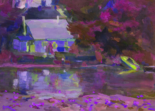 艺术油画插画作品，河岸上的房子，盛开的睡莲，岸边的码头上的船，以夜蓝色的水为背景图片下载