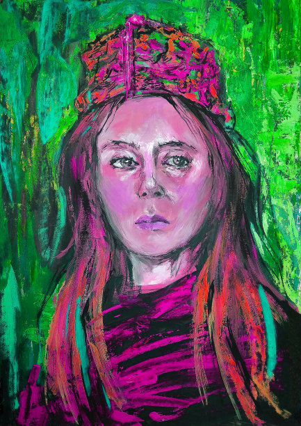 插画油画肖像的女人与长金发在一个杂色的东方帽子在明亮的背景绿色色调图片下载