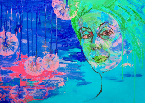 插画油画肖像的年轻女子与长发背景的蒲公英在蓝色色调图片下载