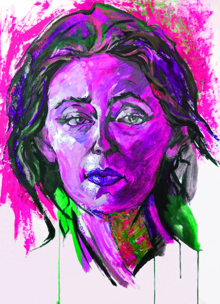 插画油画肖像的女人与长黑发的背景在粉红色的色调图片下载