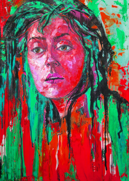 插画油画肖像的年轻女子与飞扬的头发在明亮的对比背景，在绿色的红色色调图片下载