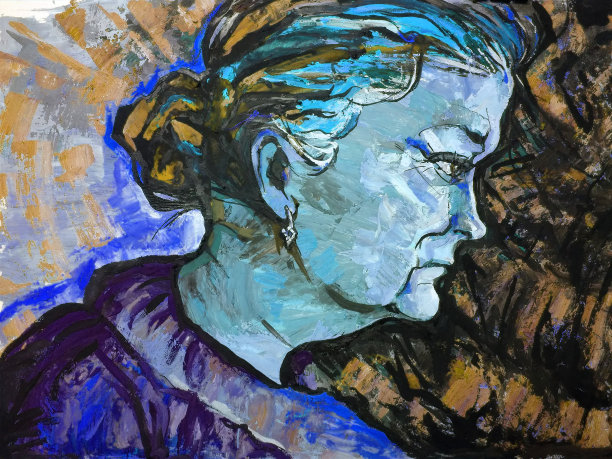 插图油画肖像侧面的女人长发与珠宝在耳朵对傍晚的天空的背景图片下载