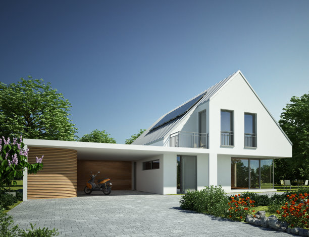 现代的房子，白天有金属屋顶和开放式车库图片下载