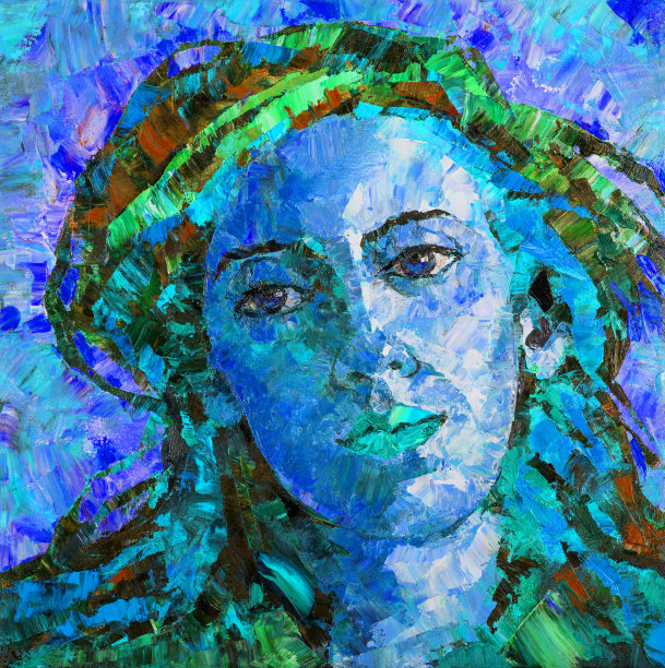 插画艺术油画肖像一个年轻的女人在蓝色的背景图片下载