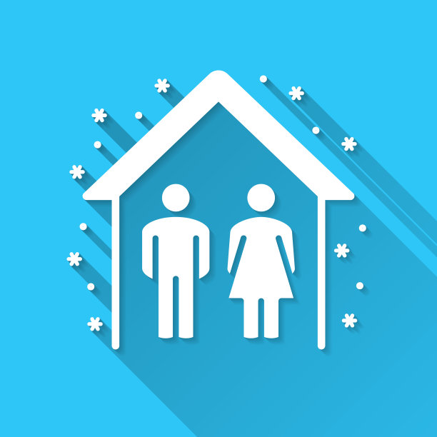 待在家里，保证安全。蓝色背景上的图标-长阴影平面设计图片下载