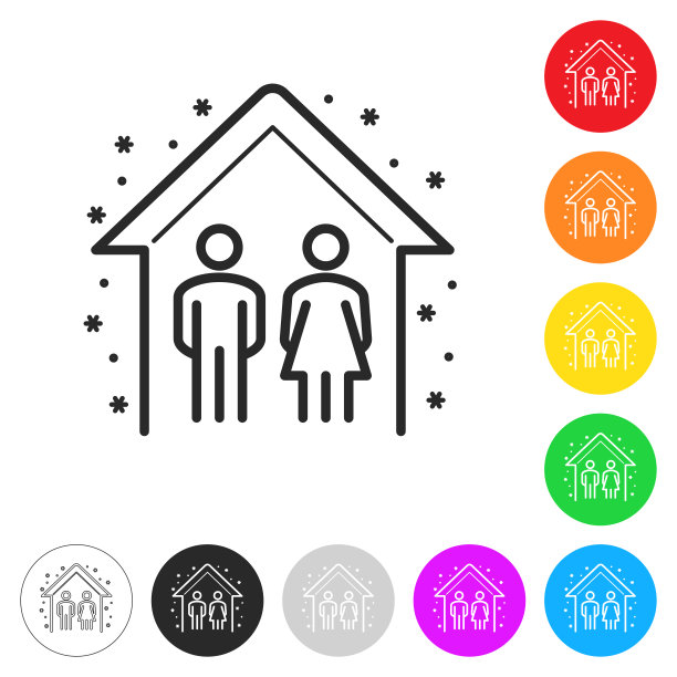 待在家里，保证安全。按钮上不同颜色的平面图标图片下载