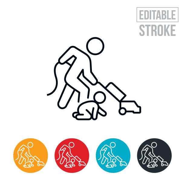 母亲吸尘与孩子爬行在地板细线图标-可编辑的中风图片下载