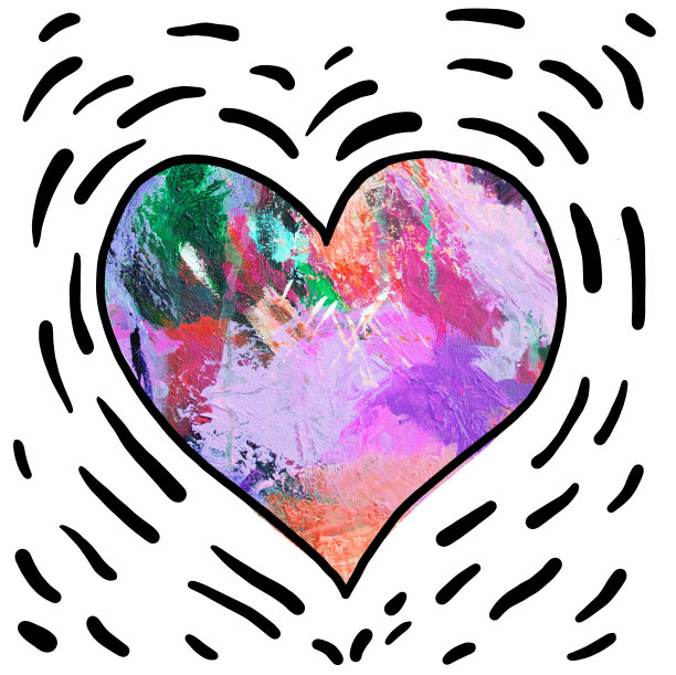 彩色心画丙烯和黑色墨水图片下载