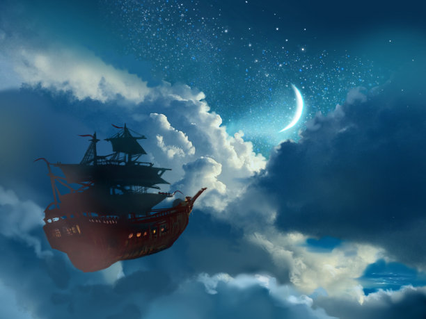 海盗船漂浮在月光照耀的夜空的幻想电影风格剪辑艺术图片下载