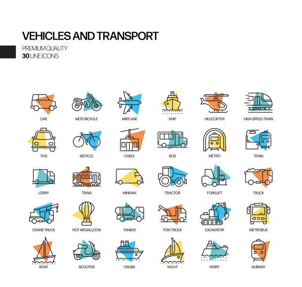 车辆和运输相关的聚光灯矢量线图标的简单设置。大纲符号集合图片下载