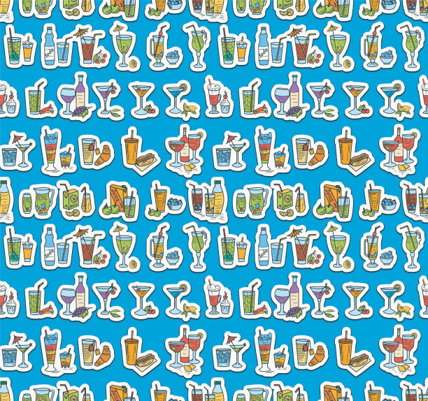 无缝蓝色背景图案的鸡尾酒涂鸦图片下载